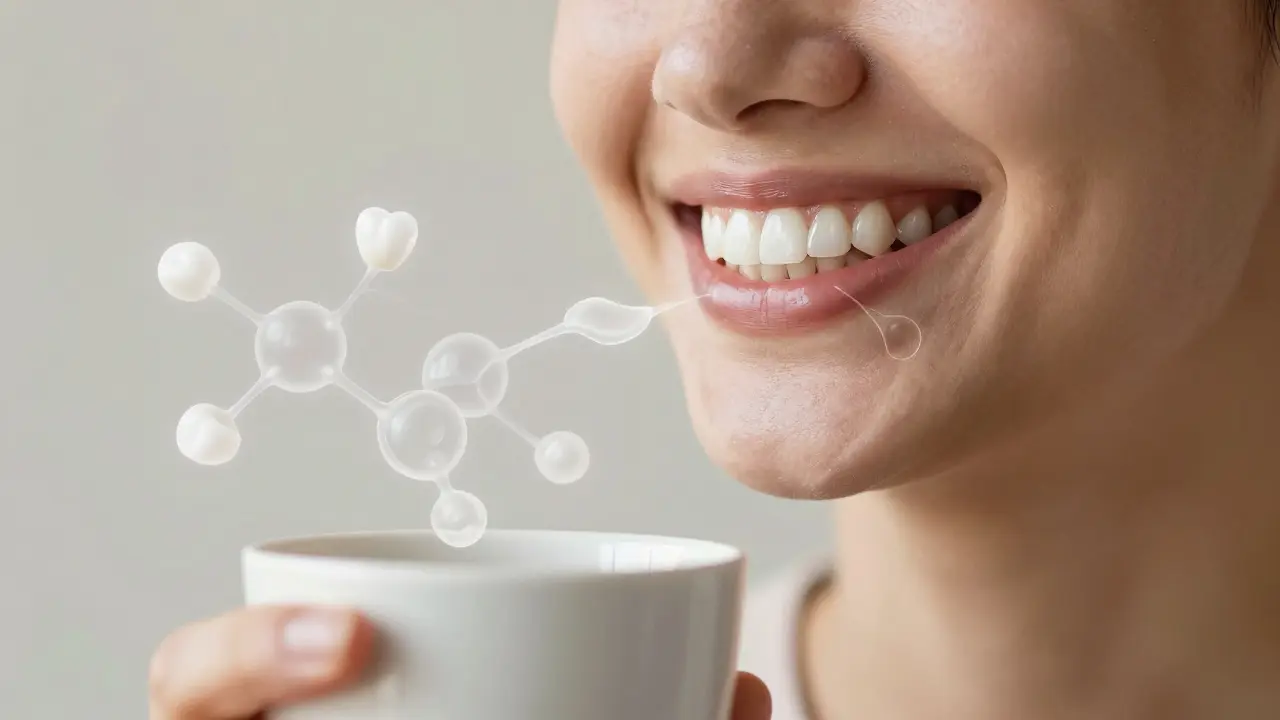 Smiling person with natural-looking white fillings, holding a coffee cup.