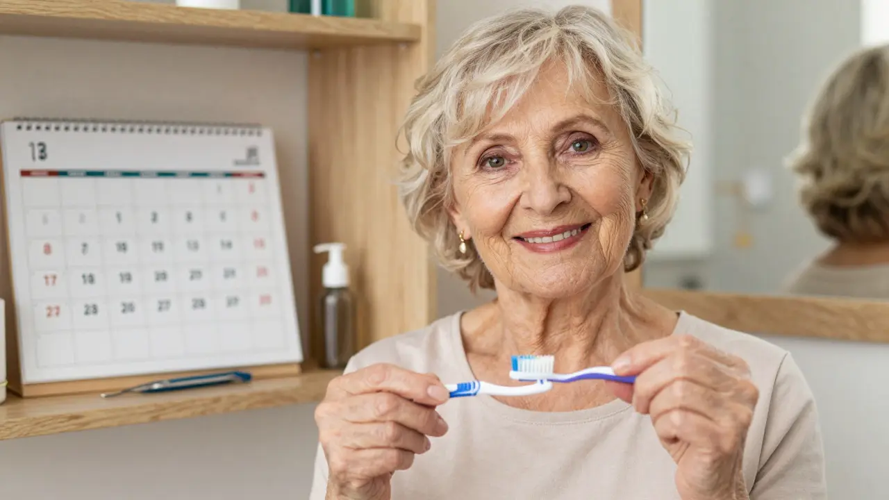 Stará žena s dentálními nástroji, symbolizující pravidelnou péči o zuby při parodontóze.