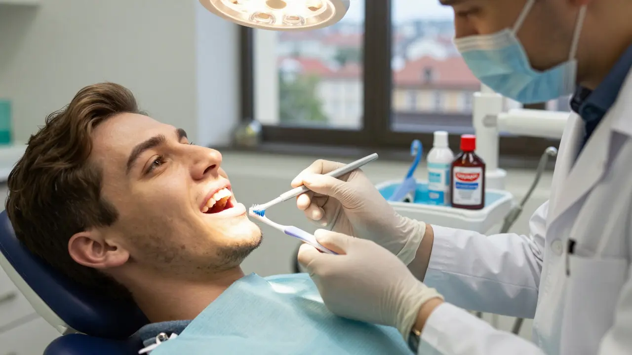 Stomatolog aplikuje ochranný lak na odhalený kořen zubu v klinice.