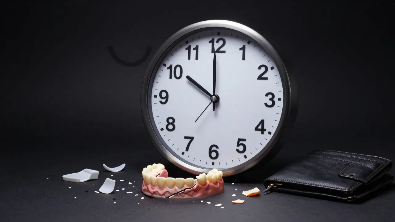 Symbolická scéna s hodinami tvořenými zuby a poškozenou dočasnou protézou.