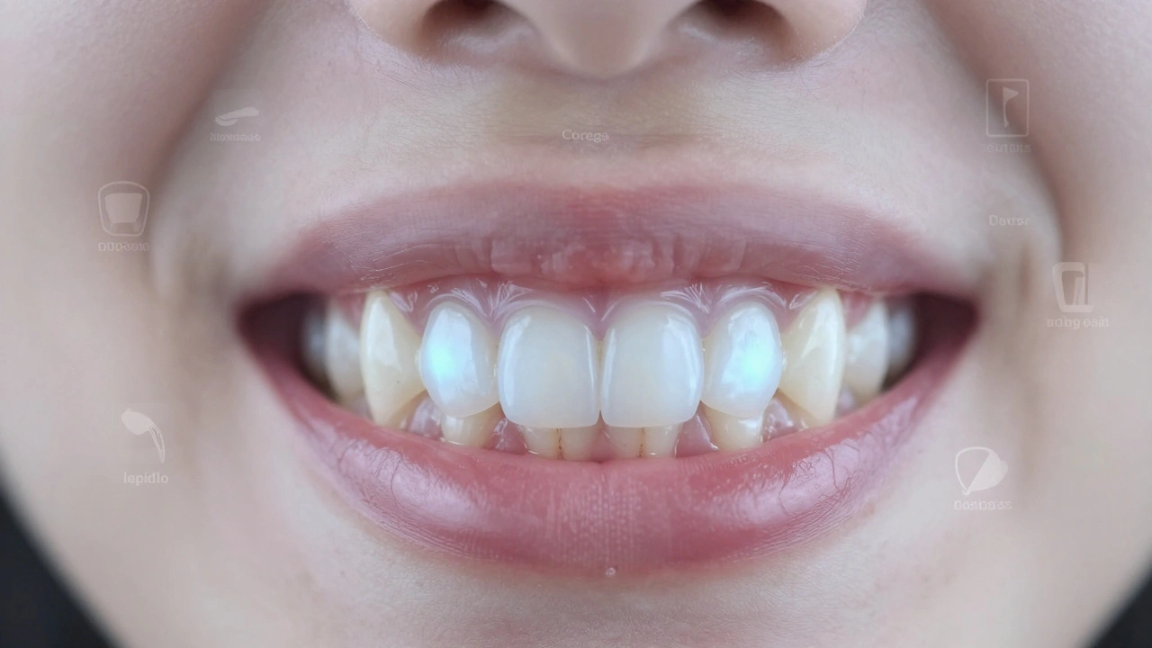 Tlumivá vrstva Corega mezi protézou a dásněmi v konceptuálním znázornění.