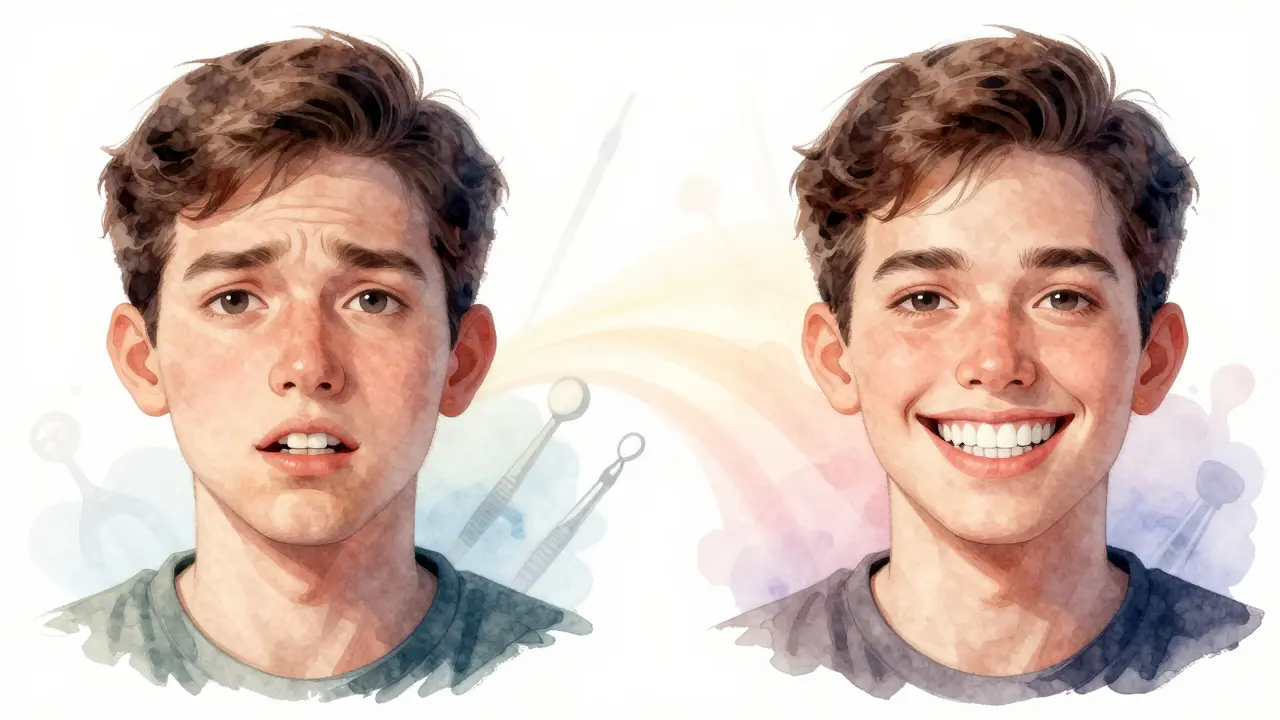 Umělecká ilustrace před a po transformaci úsměvu s keramickými vložkami ve vodových barvách.