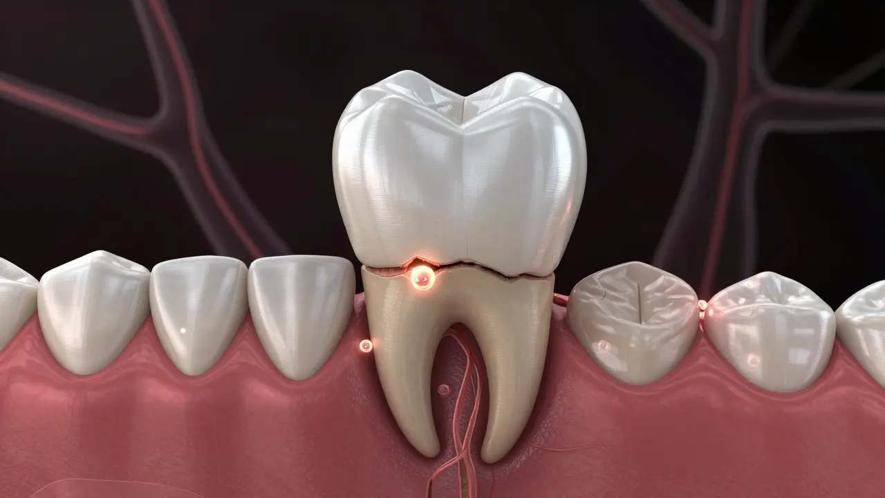 Zub s korunkou a hojícími se kořenovými tkáněmi v biomedicínském stylu.