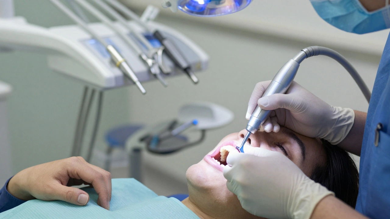 Zubní hygienička odstraňuje kámen pod dásní ultrazvukovým nástrojem v klinice.