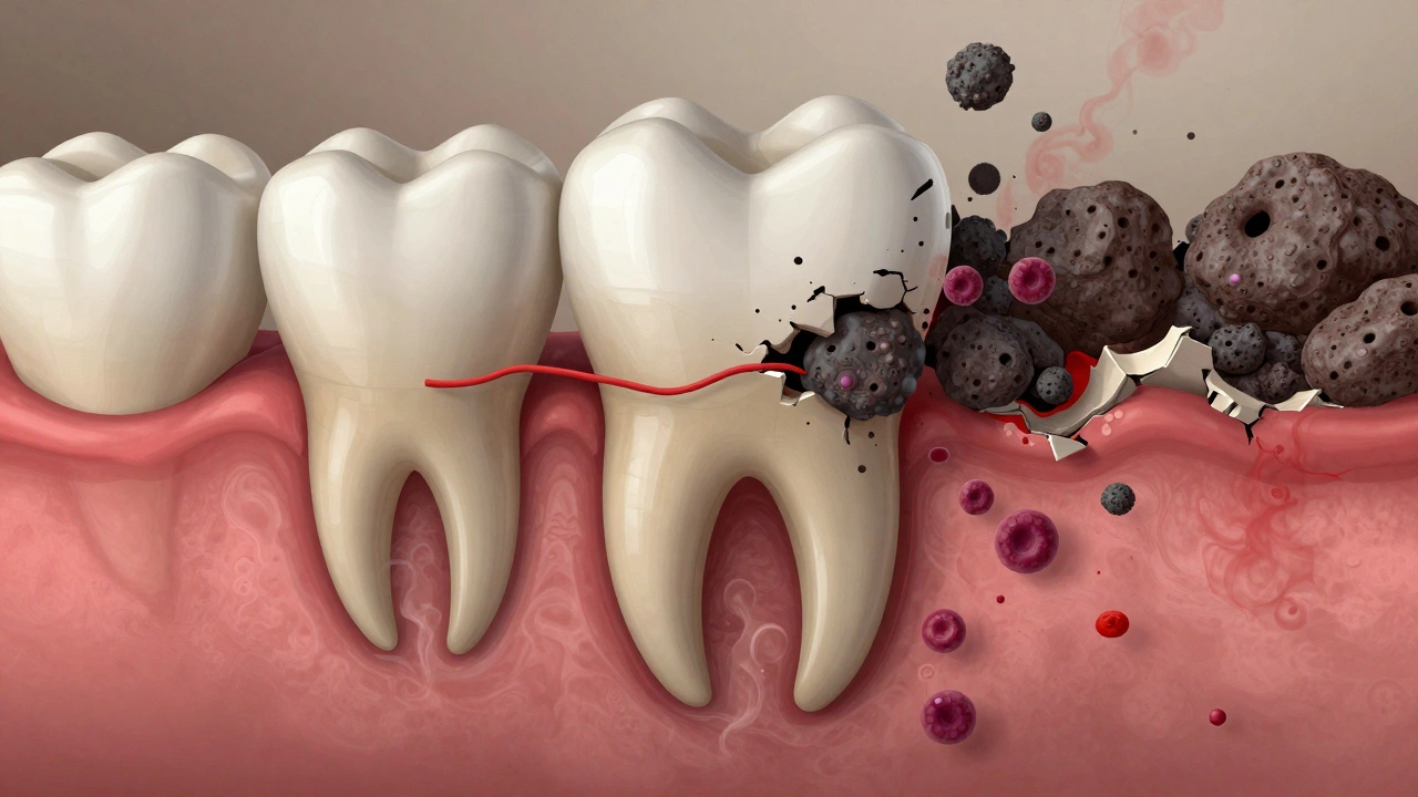 Zubní kořen s ničenou kostí a kamenem, symbolizující poškození a možné hojení.