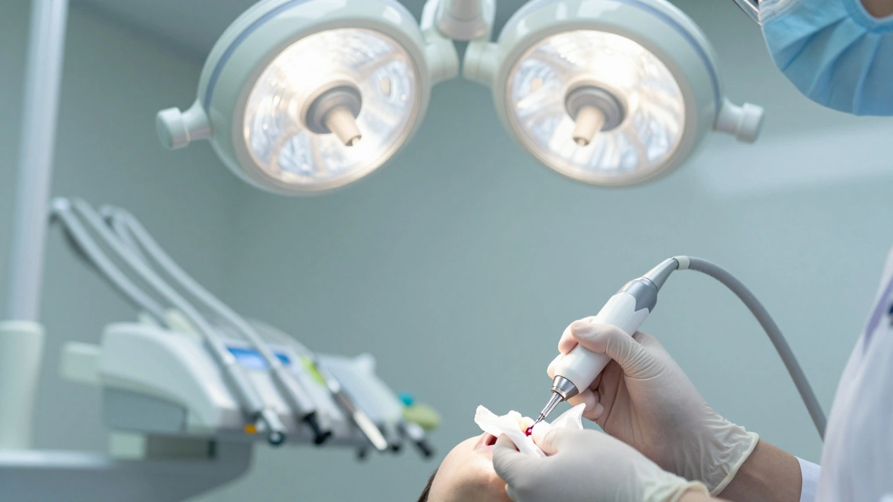 Zubní lékař odstraňuje zubní kámen ultrazvukovým přístrojem