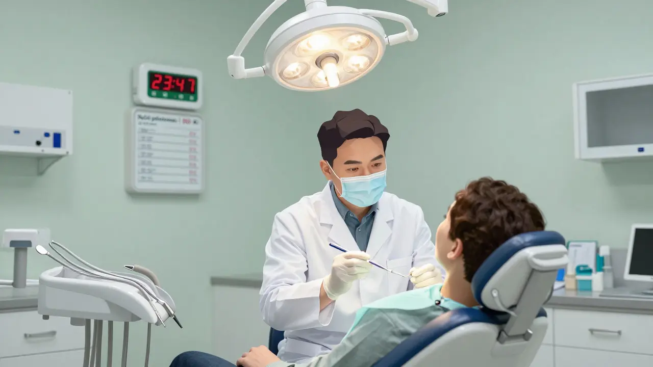 Zubní lékař vyšetřuje pacienta v noční ordinaci, na stěně je vidět cena nouzové služby.