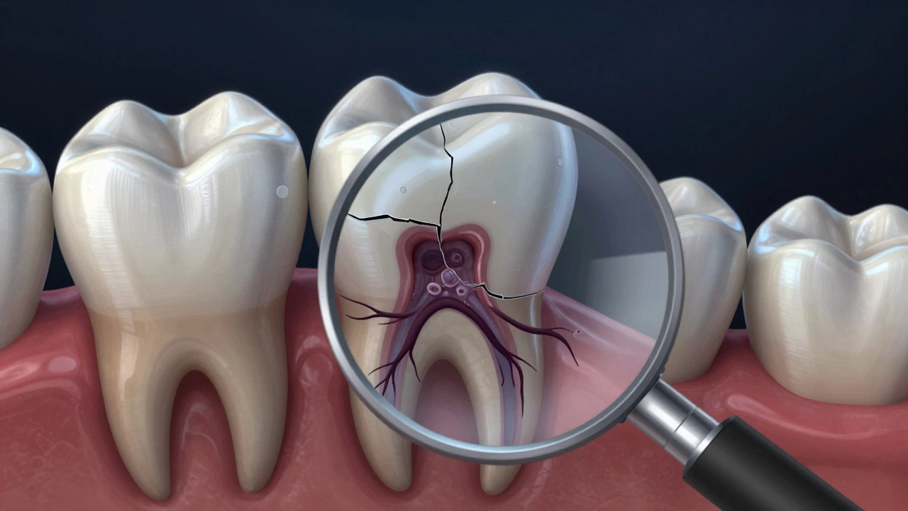 Zvětšený pohled na prasklinu v zubu s bakteriemi pronikajícími do nitra.