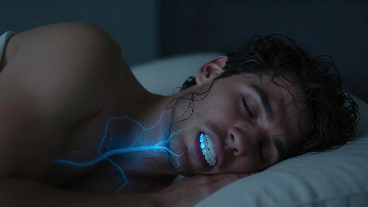 Člověk spí klidně s rovnátkem, světlé cesty vzduchu procházejí otevřeným hrdlem.