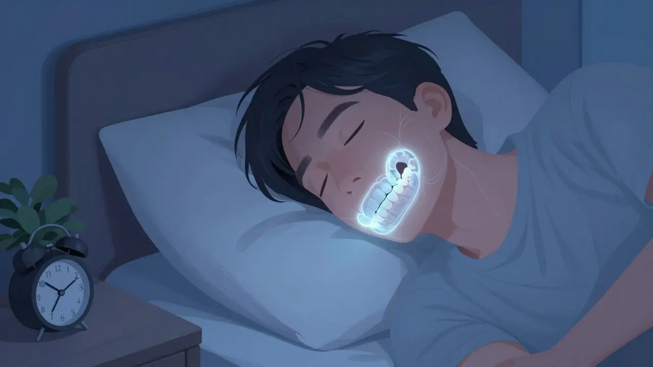 Člověk spí s vlastním zubním štětcem na noc, klidně a bez napětí.