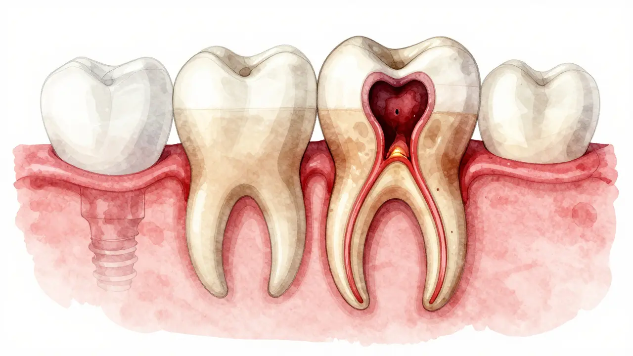 Cross-section of a decayed molar showing progression from surface cavity to infected nerve.