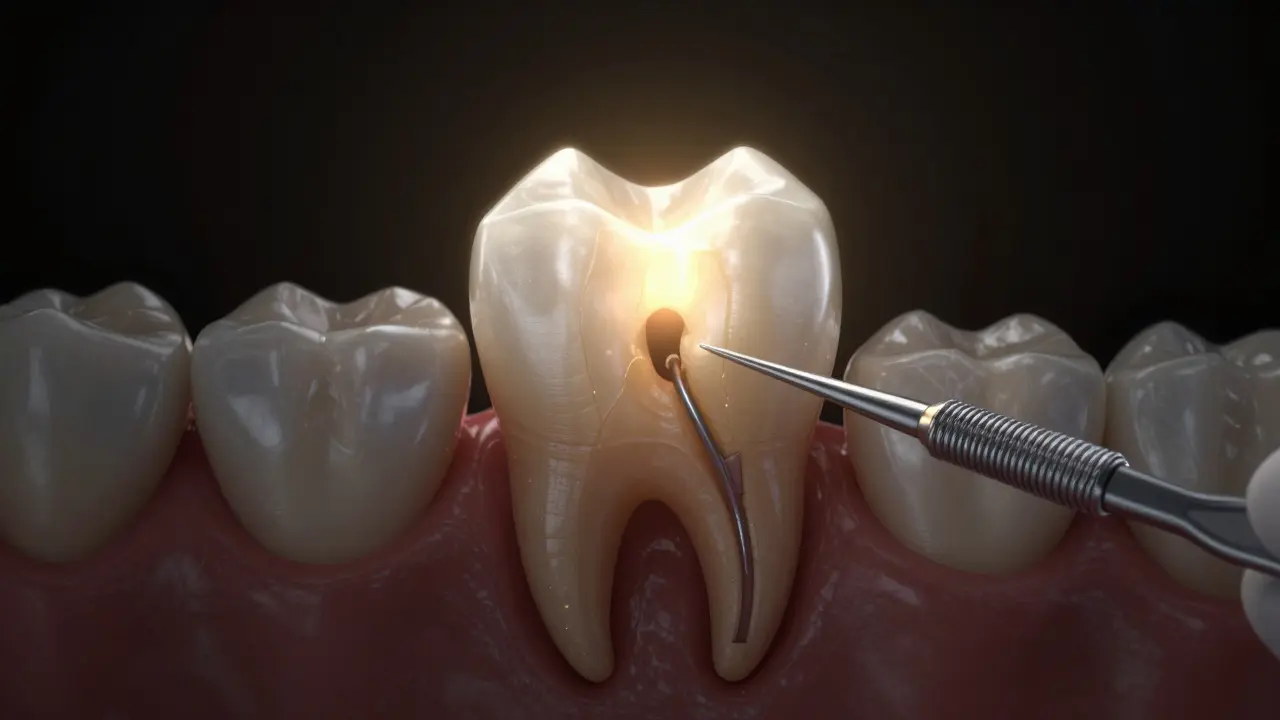 Dentista vkládá pilíř do kořene zubu, symbolizující jeho zachránění.