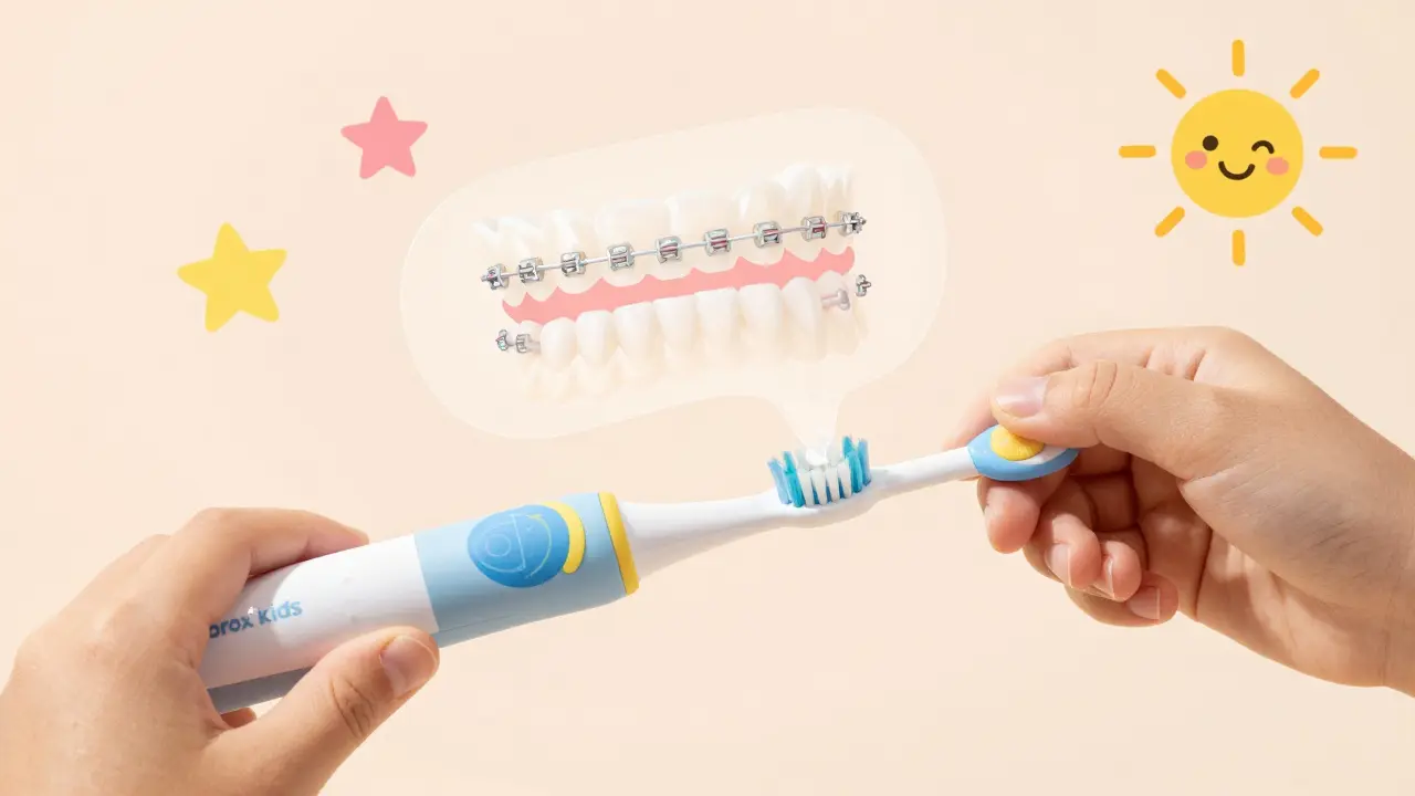 Dítě čistí zuby dětským elektrickým kartáčkem Curaprox Kids s jemnými štětinami a přívětivým designem.