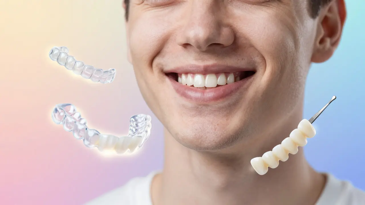 Dospělý se smíchem a kolem něj symboly léčby diastemy.