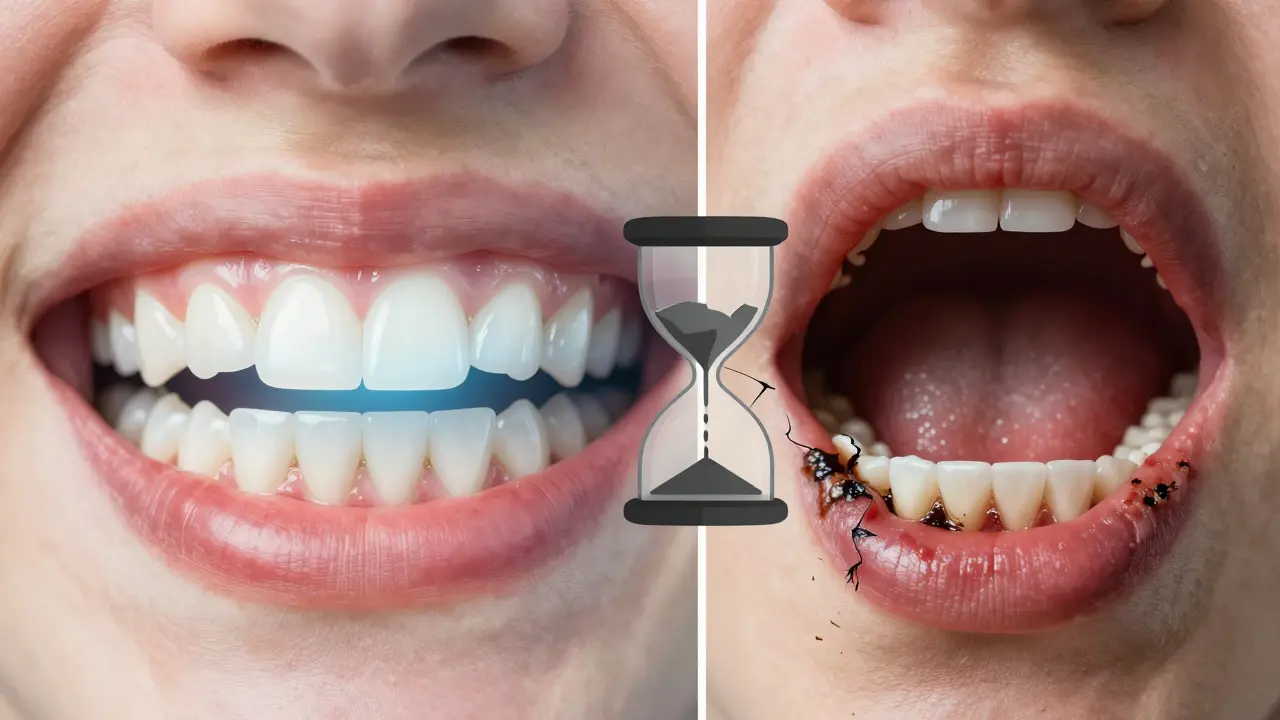 Dvě části: zdravé dásně a zuby vlevo, zánětlivé dásně a kámen vpravo, spojené přesným hodinovým pískem.