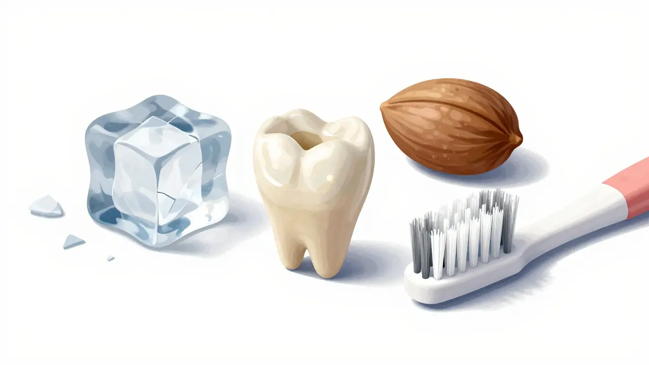 Keramická plomba vedle ledu, ořechu a tvrdého kartáčku – symboly nebezpečí.