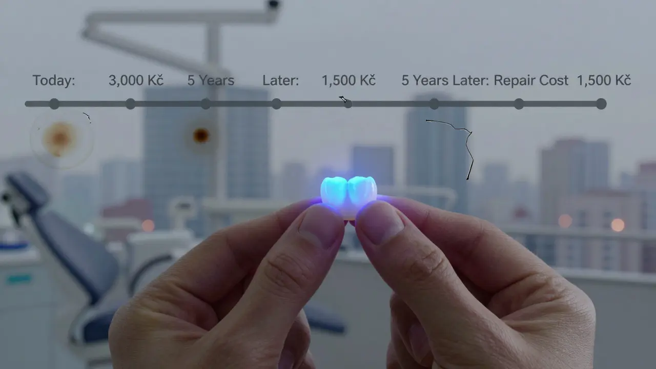 Kompozitní fazeta osvětlená UV světlem s časovou osou nákladů na údržbu.