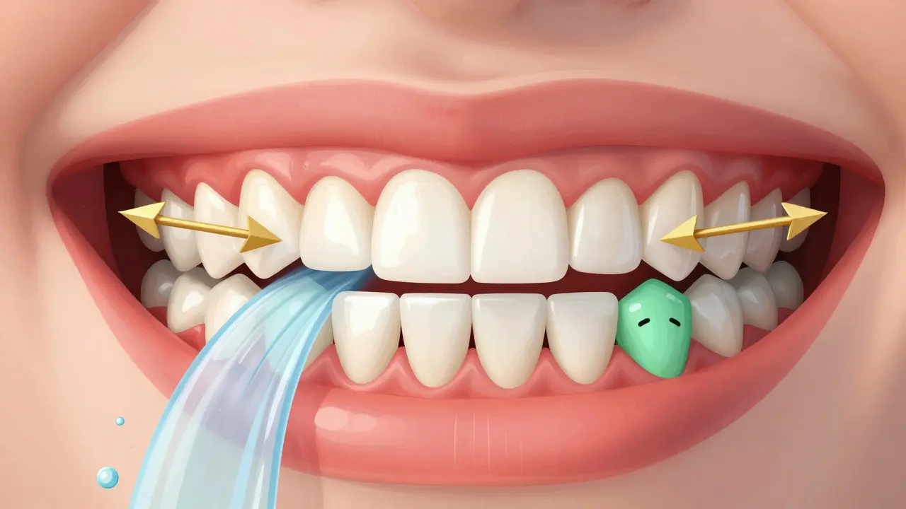 Křížový řez ústní dutiny s vyváženými silami na zarovnané zuby a zdravým slinou.