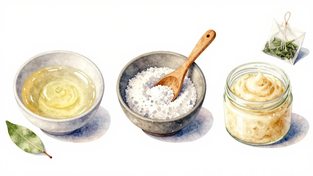 Krok za krokem příprava domácí zubní pasty pro psy s kokosovým olejem, sodou a bylinkami.