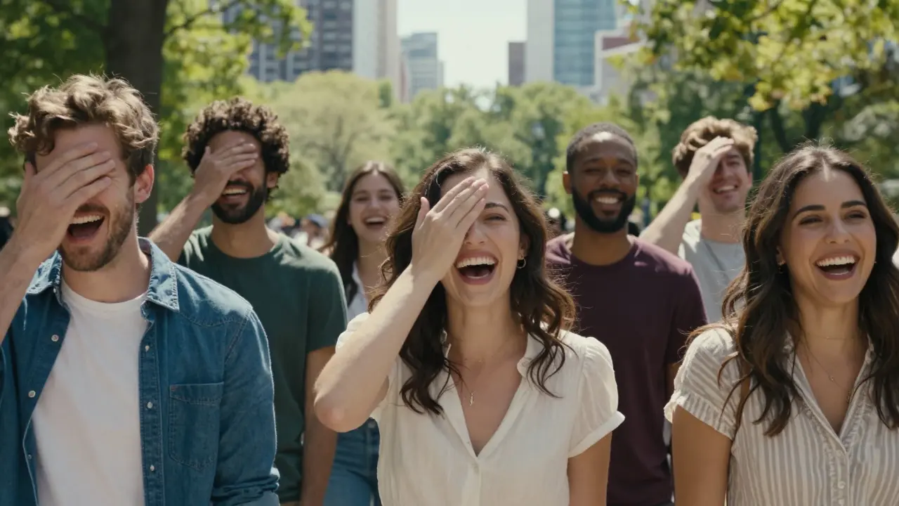 Lidé se smějí otevřeně v parku, jejich úsměvy jsou svobodné a přirozené.