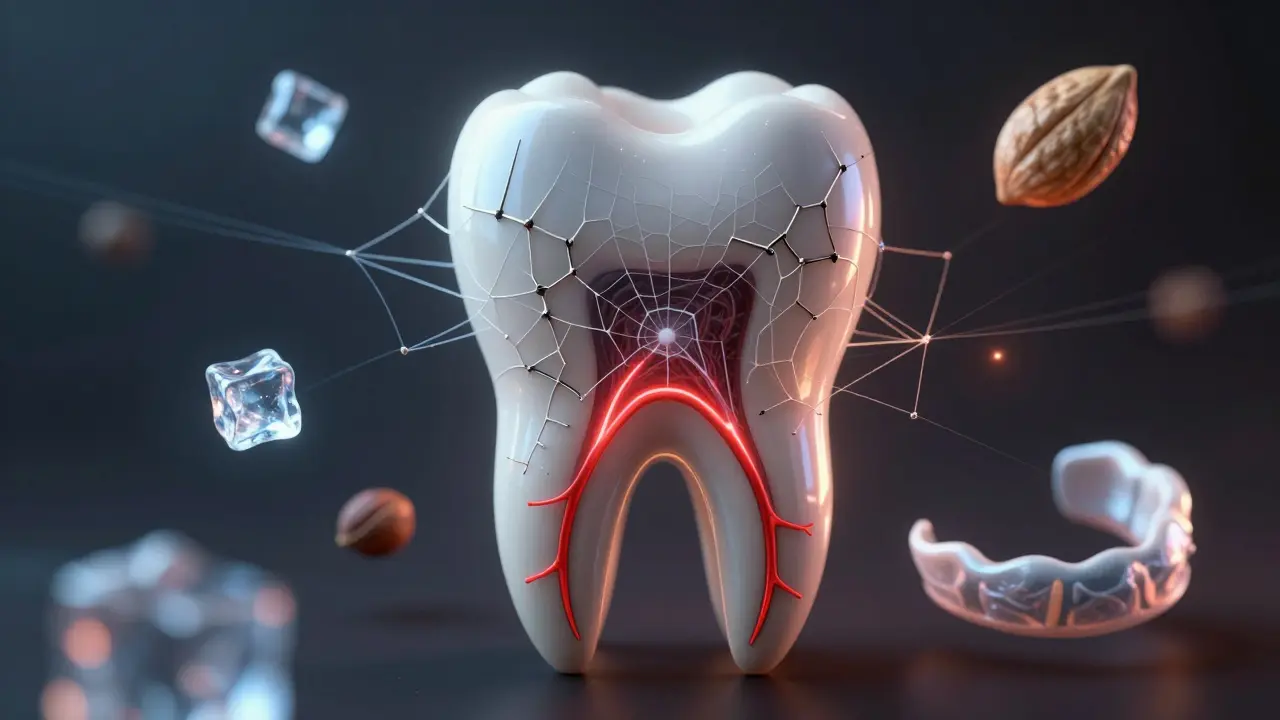 Mikroskopické trhliny v zubu s cestami bolesti vedoucími k nervu.