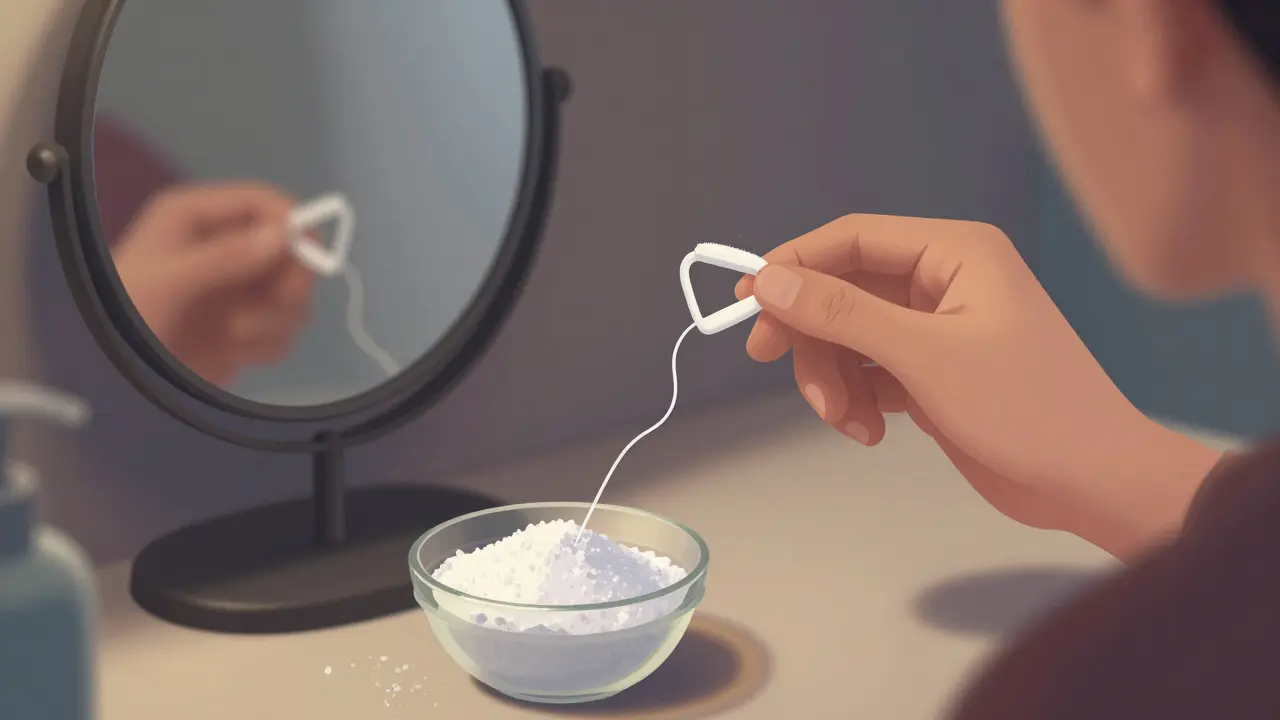 Osoba používá zubní nit před zrcadlem s mírným osvětlením a přípravkem baking sody.