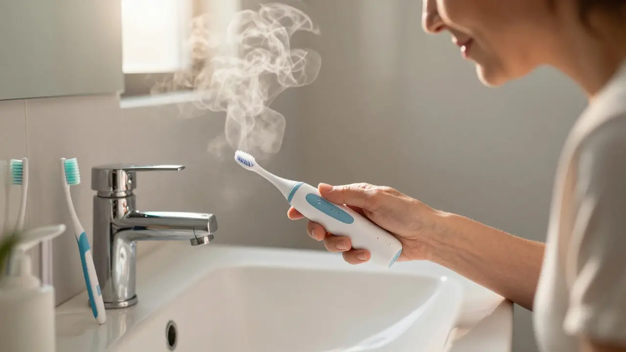 Osoba používající ultrasonický čistič zubů v koupelně za světla rána.