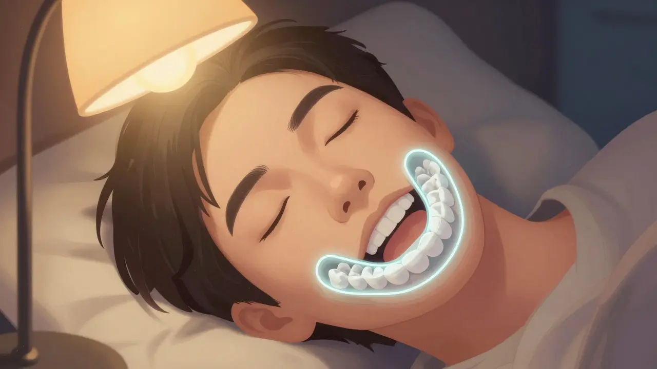 Osoba spí s vlastním zubním štítem, který chrání zuby před bruxismem