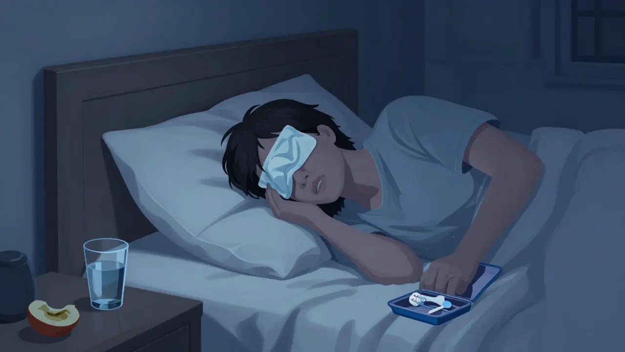 Osoba v posteli v cizím hotelu má na tváři chladnou kompresi a neusnout.