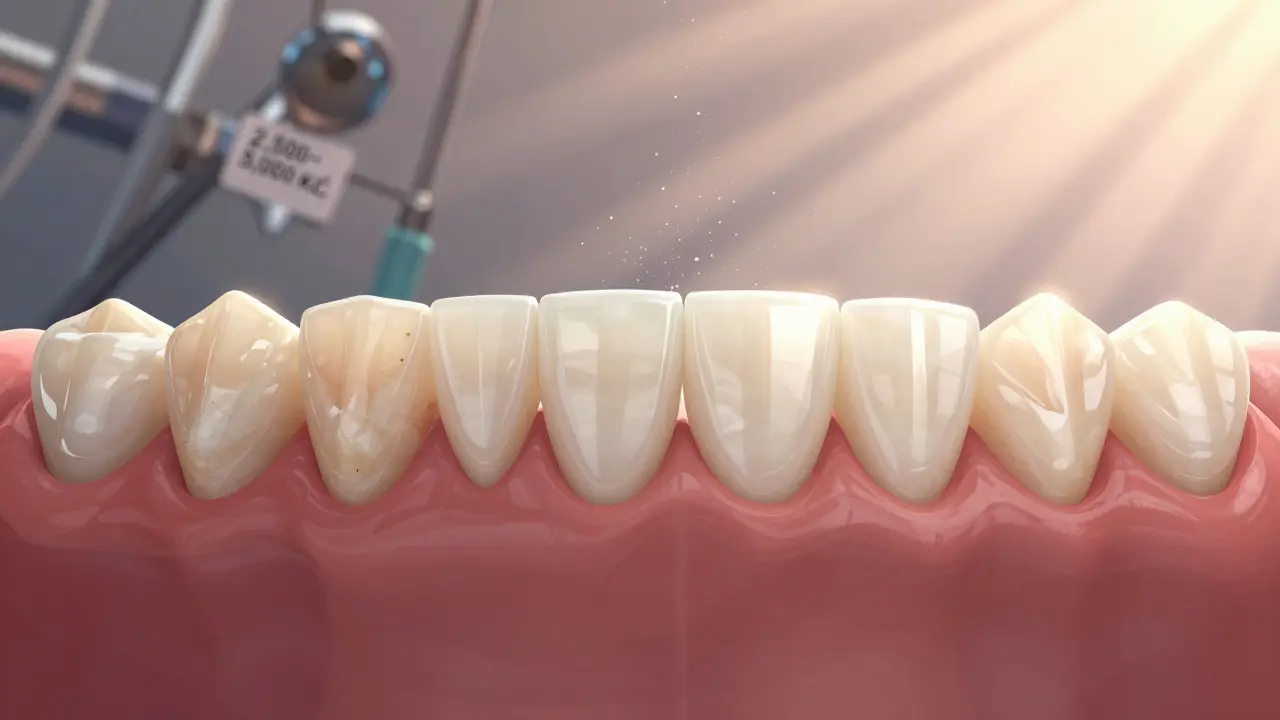 Porovnání před a po: zuby s kompozitními fazetami v teplém světle, symbolizující estetickou transformaci.