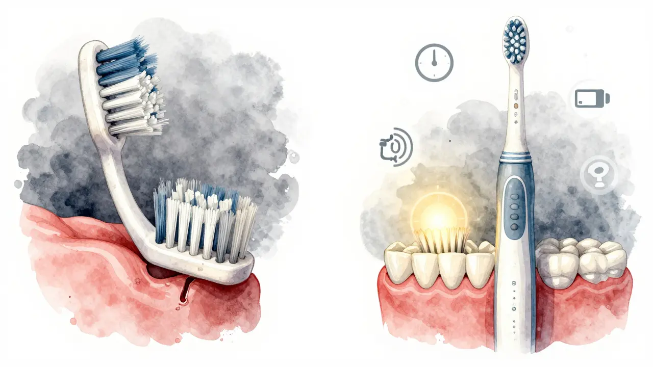 Porovnání starého ručního kartáčku s poškozenými dásněmi a moderního elektrického kartáčku Curaprox s čistými zuby.