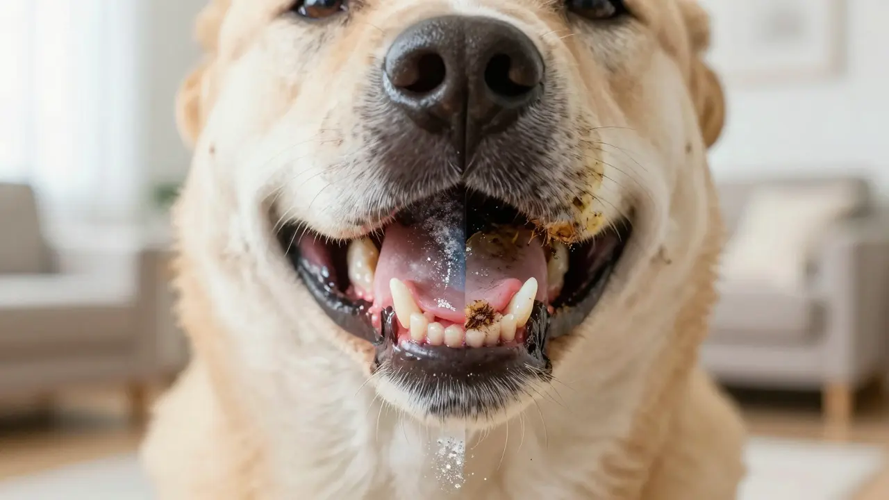 Porovnání zdravého a znečištěného psího ústního ústrojí s přirozenými ingrediencemi.