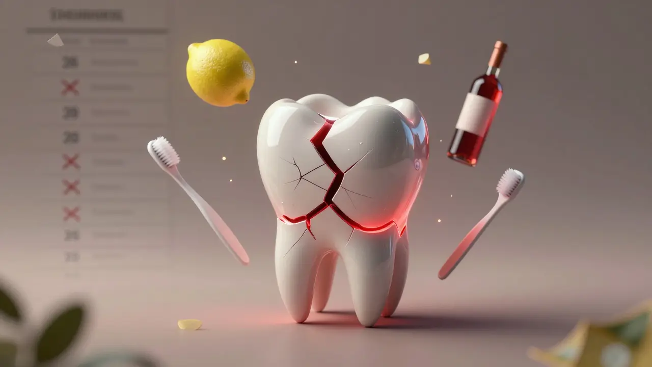 Poškozený přední zub jako křehká skleněná socha s krvavě červenými trhlinami.