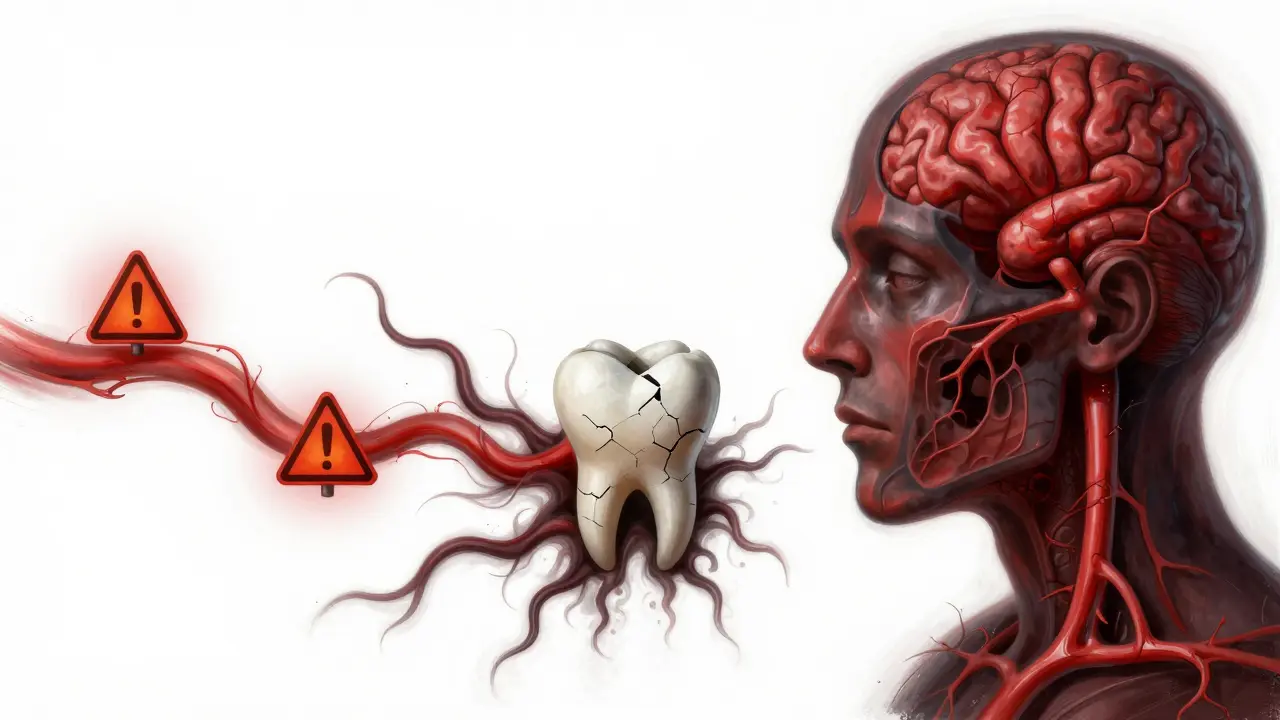 Poškozený zub s černými šípky šířícími se do čelisti, krku a mozku jako hrozba infekce.