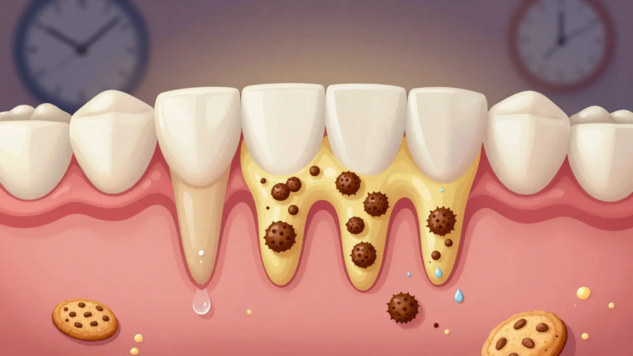 Příčný řez mléčných zubů ukazující vývoj plaku na zubní kámen s bakteriemi a minerály.