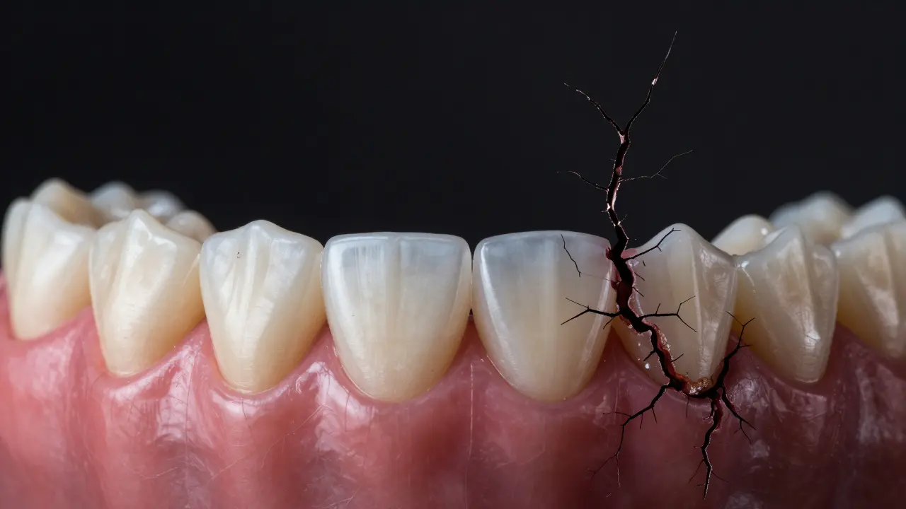 Průhledná keramická fazeta na zubu, pod ní zdravý kořen, nahoře kámen a trhliny.