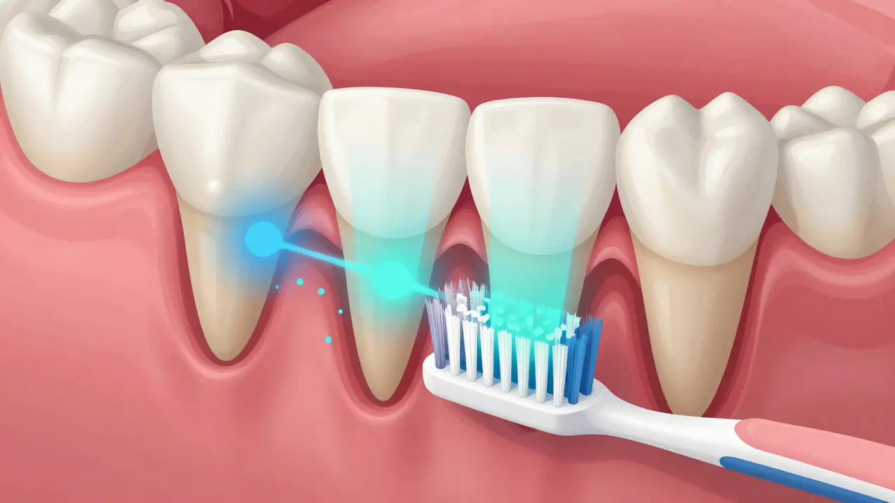 Průřez zubem a dásní s ultrazvukem rozkládajícím plaku pod dásněmi.