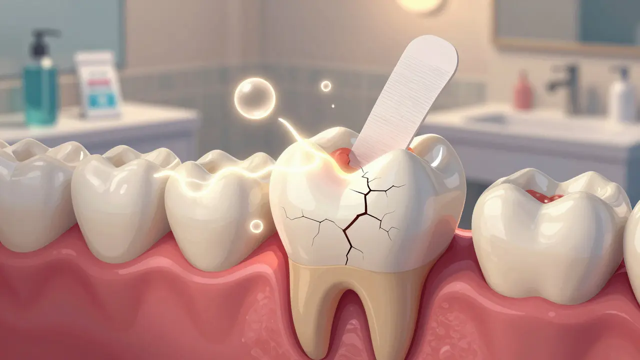 Řez zubem s mikrotrhlinami způsobenými bělením a chemickými látkami.