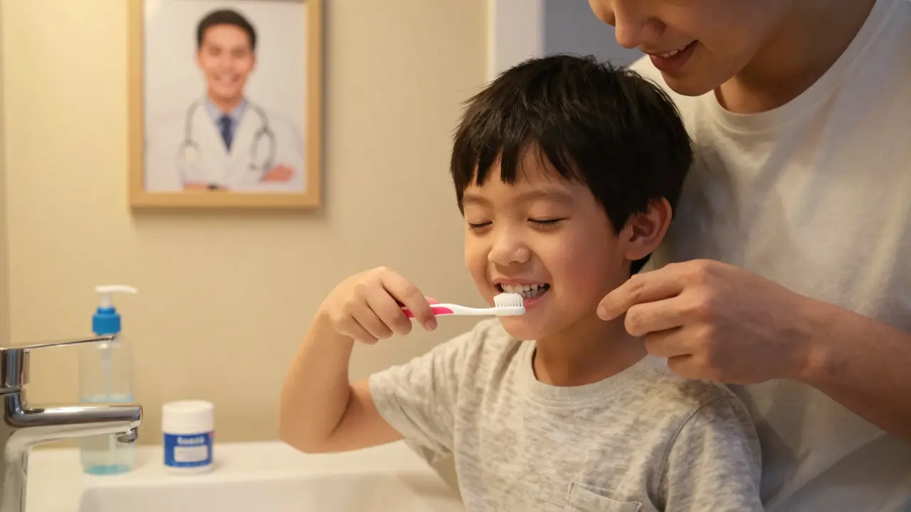 Rodič pomáhá dítěti čistit zuby večer, klidná atmosféra s náznakem nočního osvětlení.