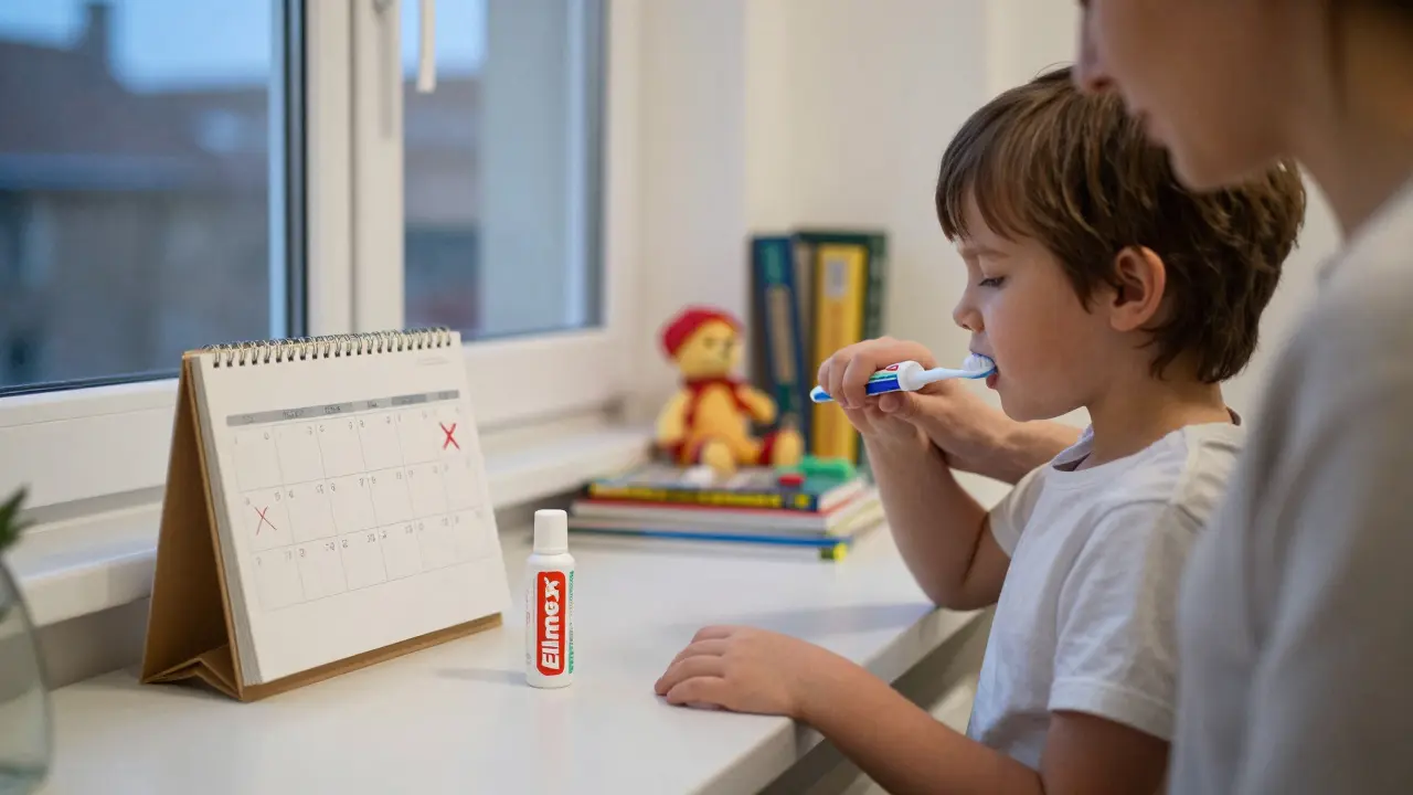 Rodina večer čistí zuby, Elmex gel je na stole s označeným kalendářem.