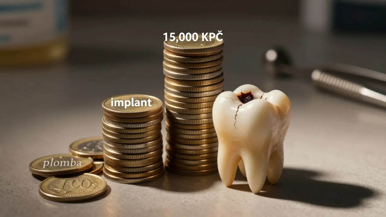 Stack of coins comparing cost of early filling versus expensive implant, with damaged tooth in foreground.
