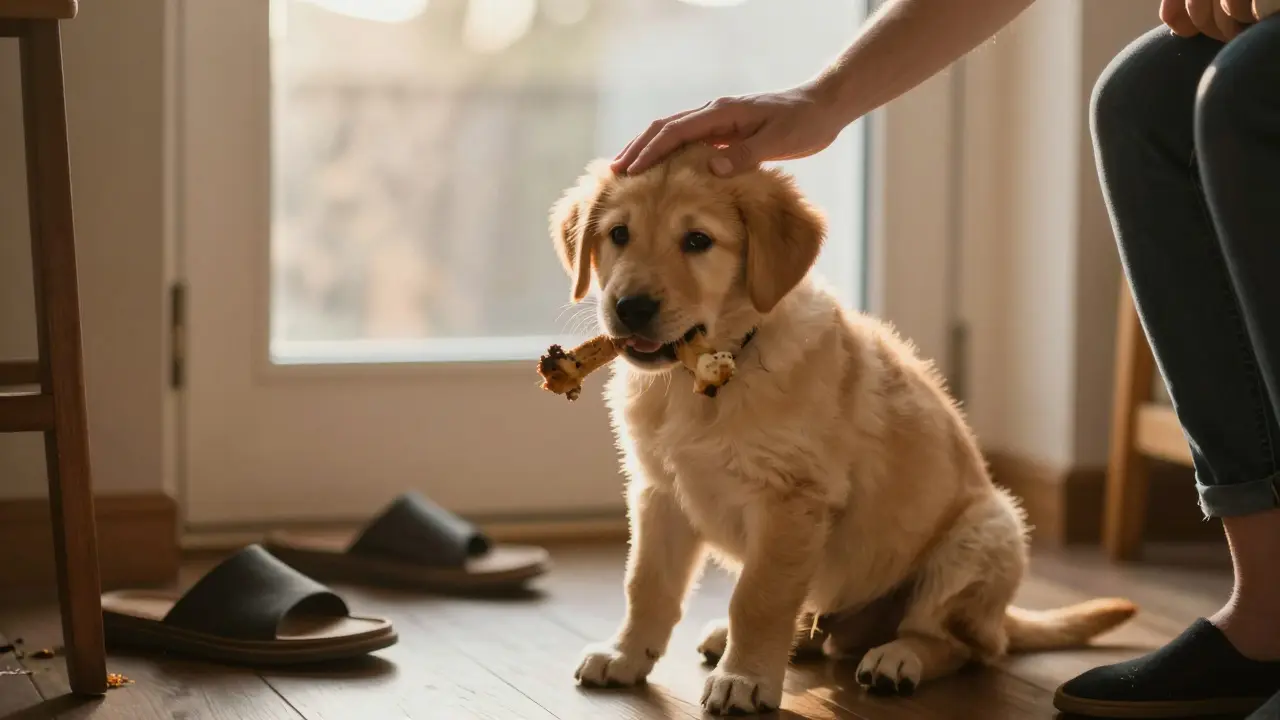 Štěně klidně drží hračku v ústech, zatímco ho majitel hladí po hlavě.