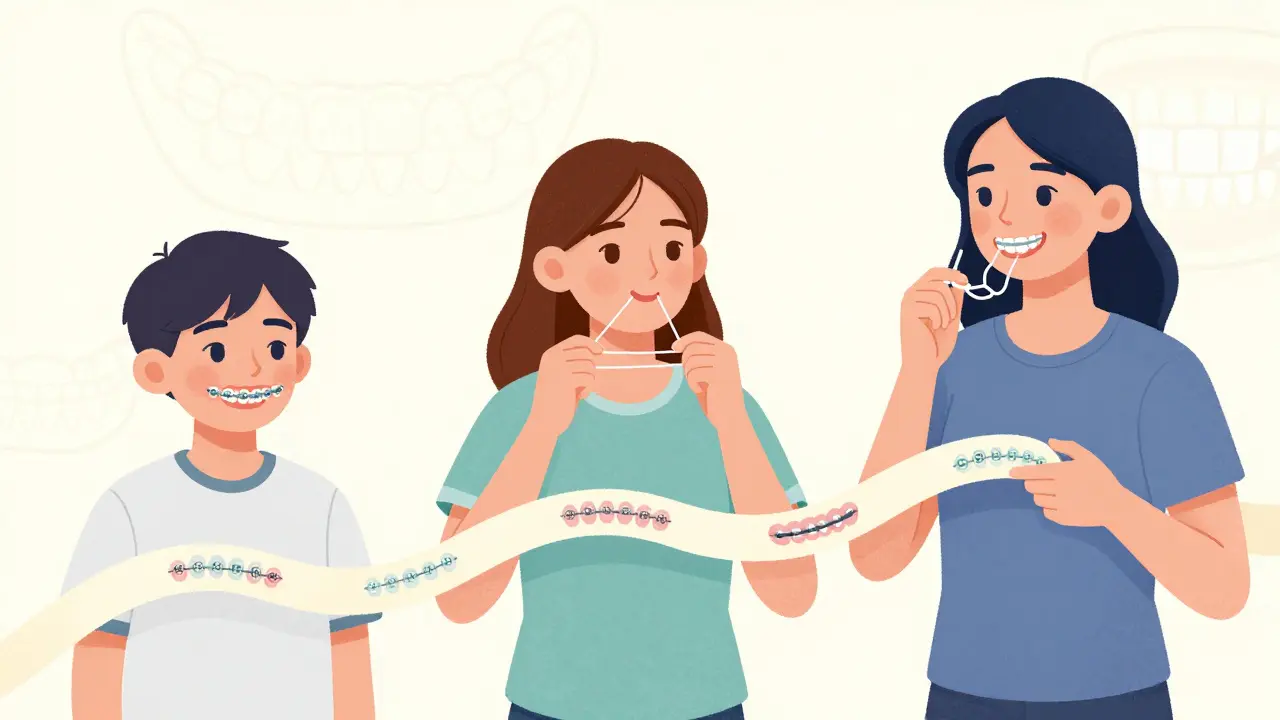 Timeline illustration of orthodontic treatment from child to adult with retainer.