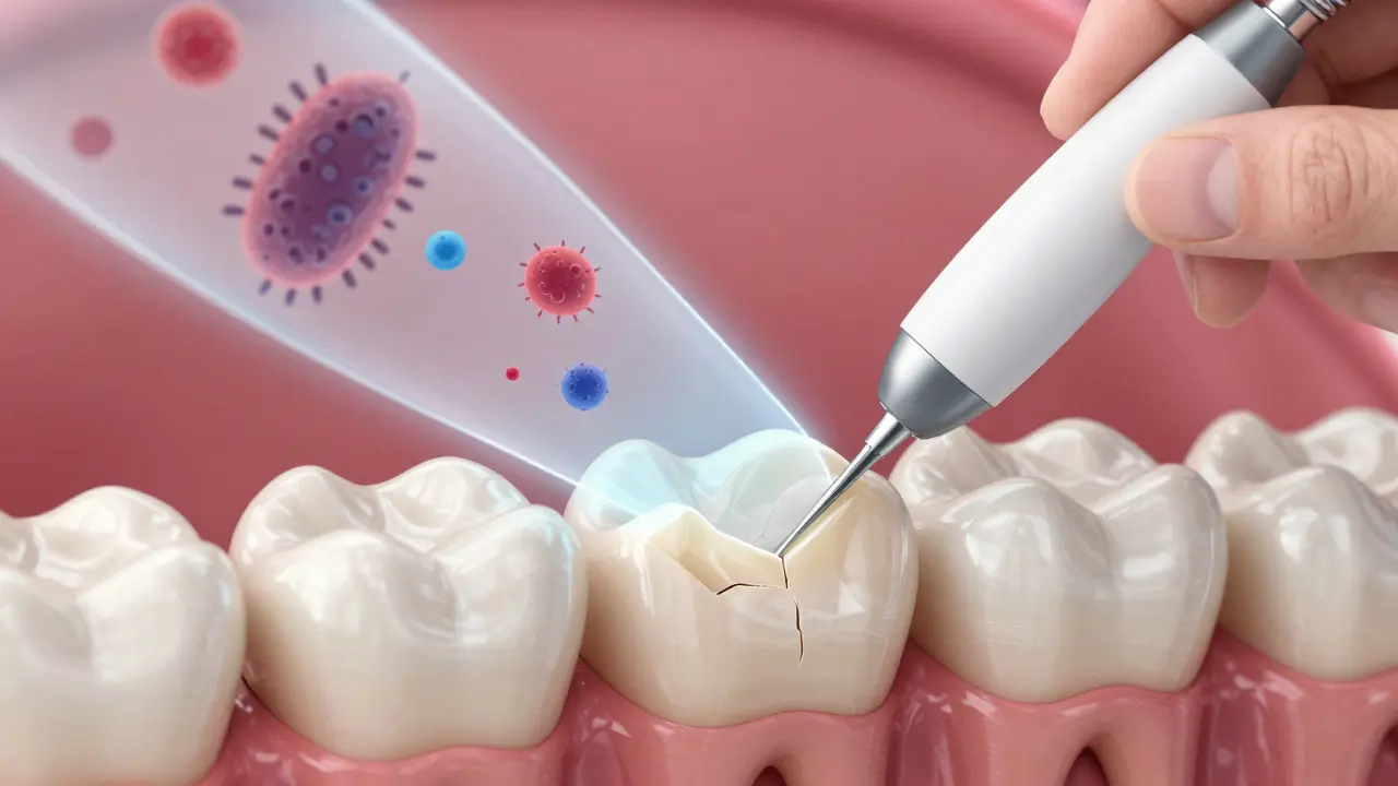 Ultrazvukový nástroj odstraňuje zubní kámen z povrchu zubu s vizuálním znázorněním bakterií.