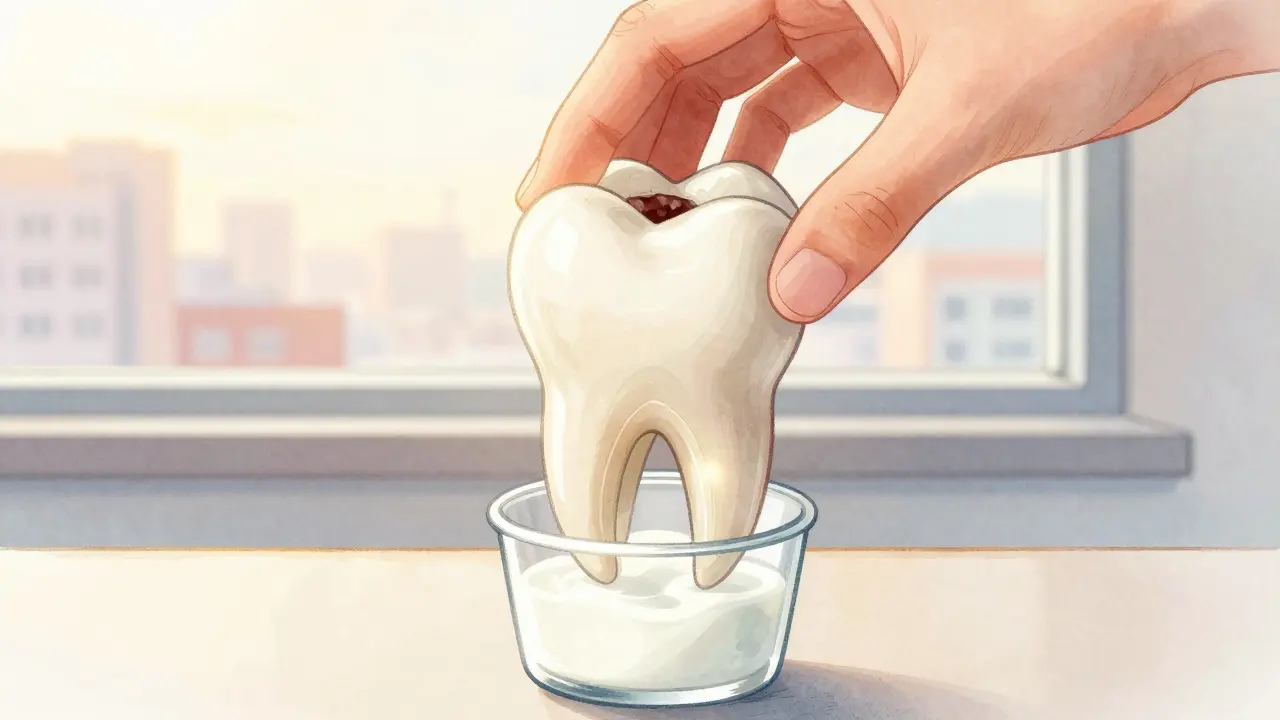 Vypadlý zub udržovaný za korunku nad šálkem mléka, symbolické spojení s čelistí.