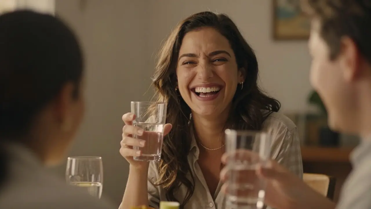 Žena se směje na večeři s viditelnou zubní korunkou, vyjadřující svobodu a důvěru.