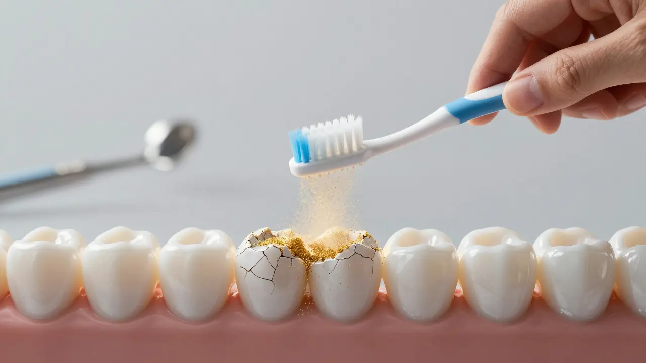 Zlaté částice hydroxyapatitu obnovují poškozenou zubní sklovinu.