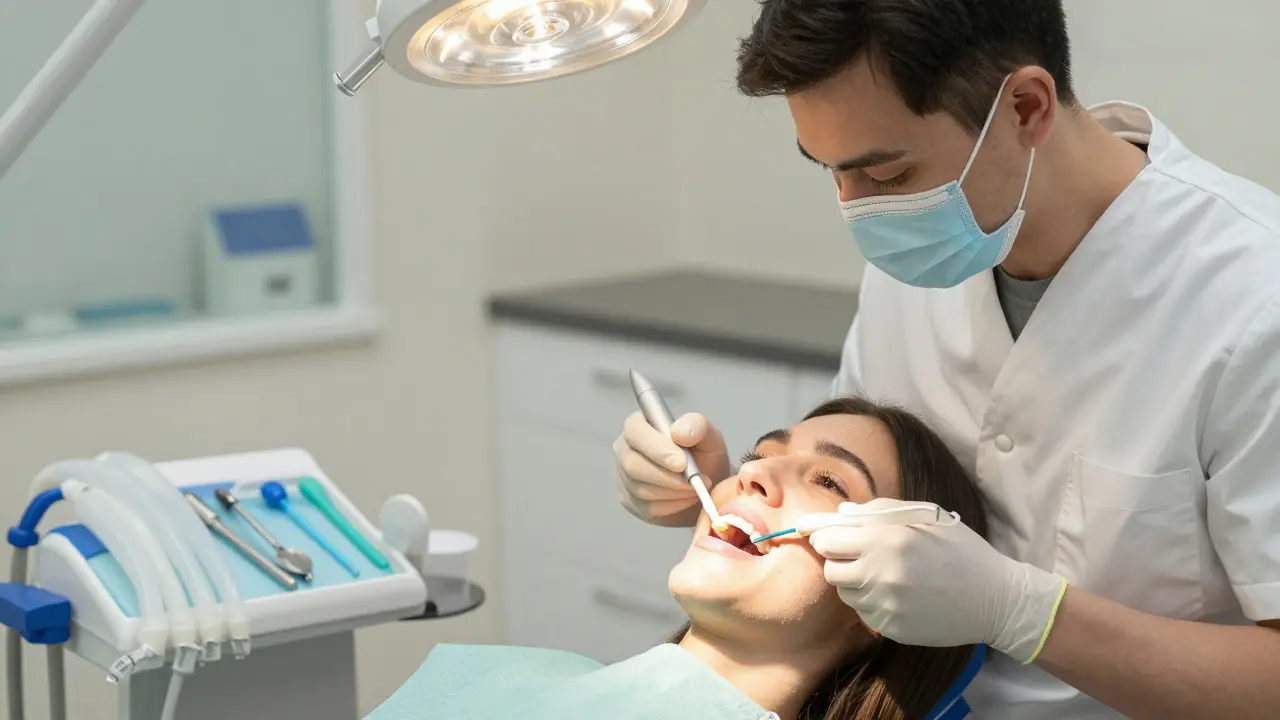 Zubař aplikuje bělící gel Opalescence na zuby pacienta v klinice.