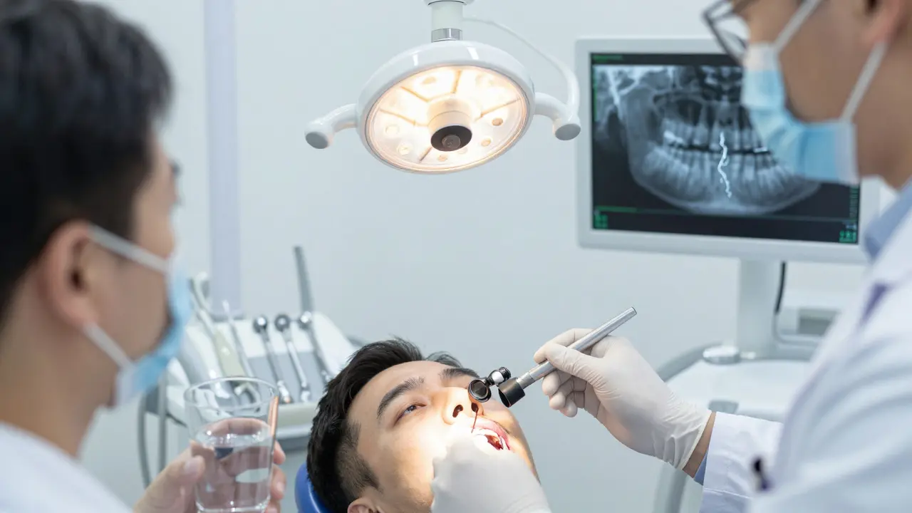 Zubař prohlíží zub s prasklinou pomocí zvětšovací čočky v ordinaci