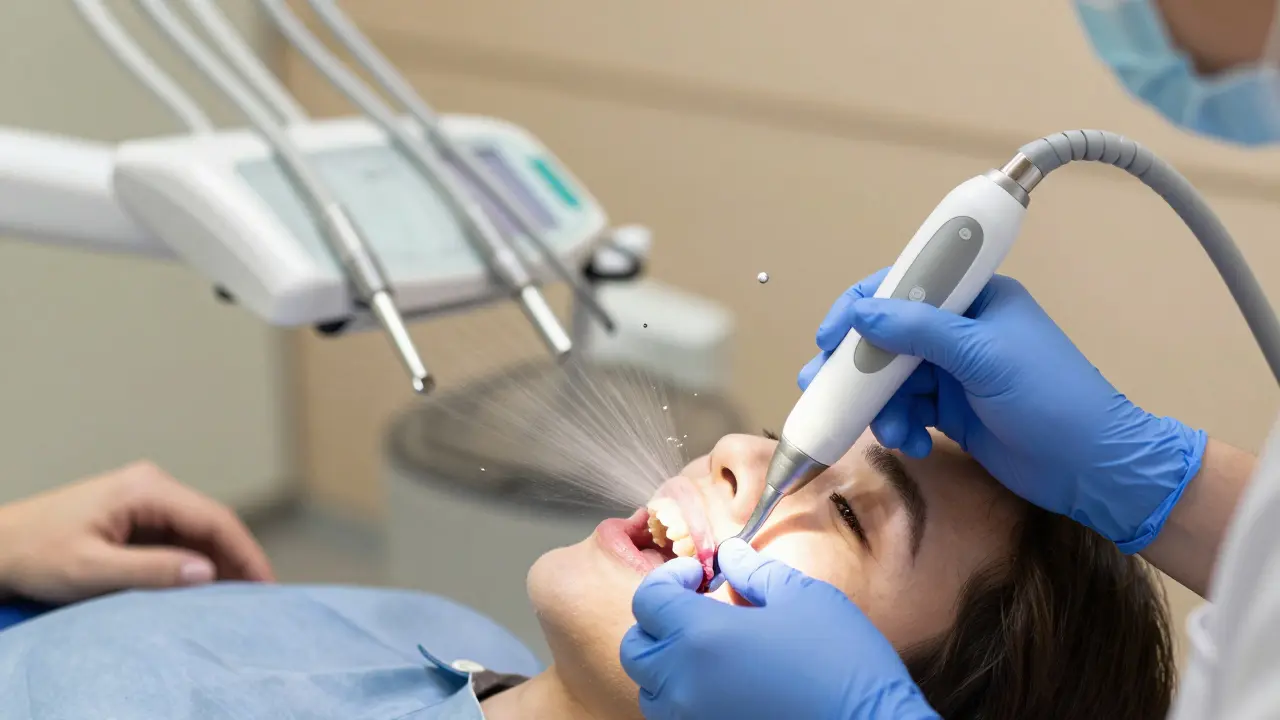 Zubní hygienistka odstraňuje zubní kámen ultrazvukovým nástrojem v ordinaci s jemným prskáním vody.